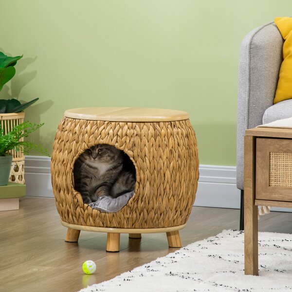 Pawhut Grotta per Gatti in Erba d'Acqua, Cuscino Lavabile, 44 cm x 43 cm x 42 cm, Marrone chiaro+Legno naturale+Grigio