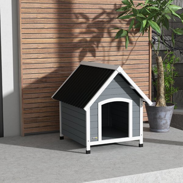 PawHut Cuccia per Cani, resistente alle intemperie, fondo rimovibile, Legno di Pino, 75x88x82 cm, Grigio/Nero