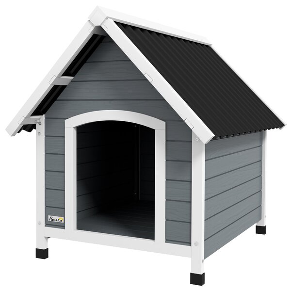 PawHut Cuccia per Cani, resistente alle intemperie, fondo rimovibile, Legno di Pino, 75x88x82 cm, Grigio/Nero