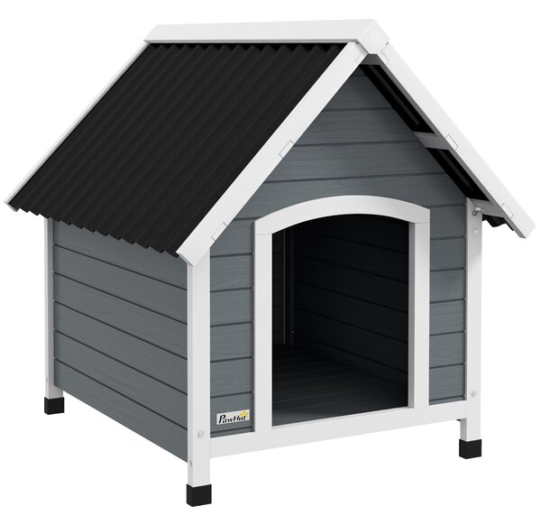 PawHut Cuccia per Cani, resistente alle intemperie, fondo rimovibile, Legno di Pino, 75x88x82 cm, Grigio/Nero