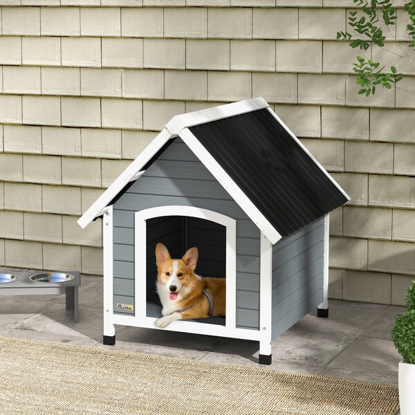 PawHut Cuccia per Cani, resistente alle intemperie, fondo rimovibile, Legno di Pino, 75x88x82 cm, Grigio/Nero