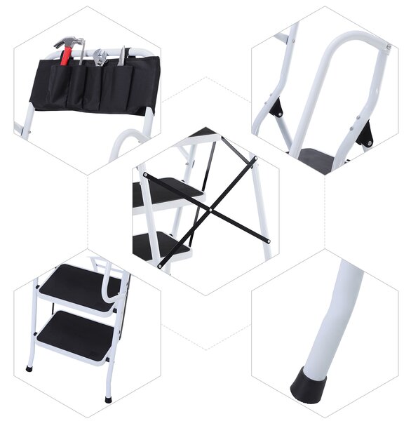 HOMCOM Scala a gradini per la casa, scala pieghevole con supporto per attrezzi, corrimano, 50 x 83 x 155 cm, Nero + Argento