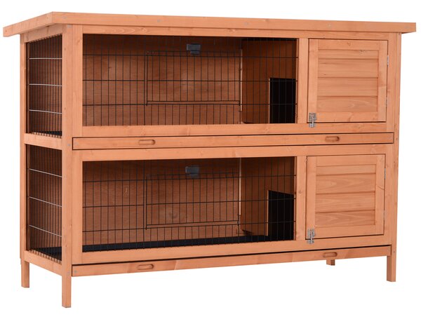 PawHut Recinto su piedi gabbia coniglio doppio livello vassoi deiezioni scorrevoli 4 porte chiavistellate dim. 137L x 50l x 93H cm legno massiccio pineto tetto bituminoso verde