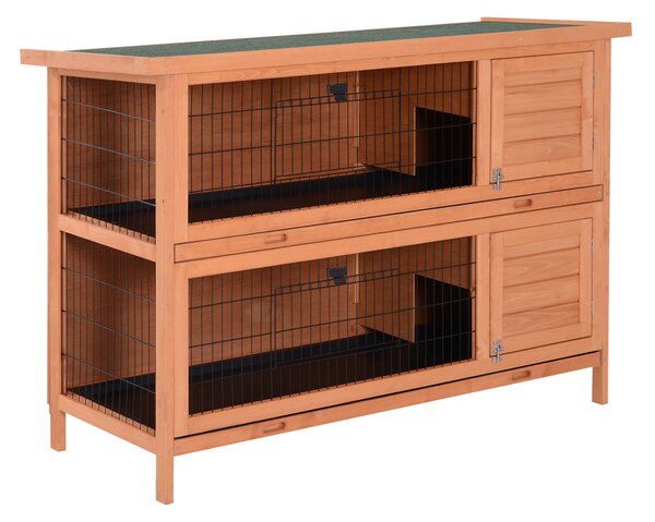 PawHut Recinto su piedi gabbia coniglio doppio livello vassoi deiezioni scorrevoli 4 porte chiavistellate dim. 137L x 50l x 93H cm legno massiccio pineto tetto bituminoso verde