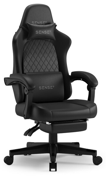 SENSE7 Devon Sedia da gioco in Pelle finta nera - Sedia da ufficio ergonomica con poggiapiedi Sedia da scrivania per PC Sedia da gaming in pelle 120 kg