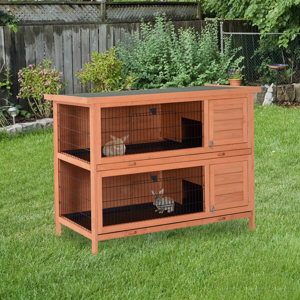 PawHut Recinto su piedi gabbia coniglio doppio livello vassoi deiezioni scorrevoli 4 porte chiavistellate dim. 137L x 50l x 93H cm legno massiccio pineto tetto bituminoso verde