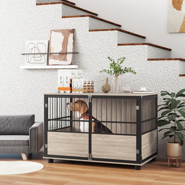 PawHut Gabbia per cane interna, tavolino, 100 x 60 x 68 cm, nido, 3 porte bloccabili, legno nero