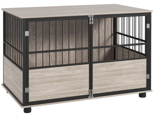 PawHut Gabbia per cane interna, tavolino, 100 x 60 x 68 cm, nido, 3 porte bloccabili, legno nero