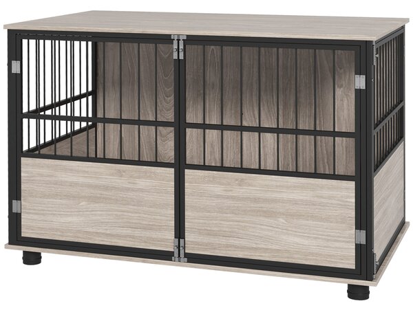 PawHut Gabbia per cane interna, tavolino, 100 x 60 x 68 cm, nido, 3 porte bloccabili, legno nero