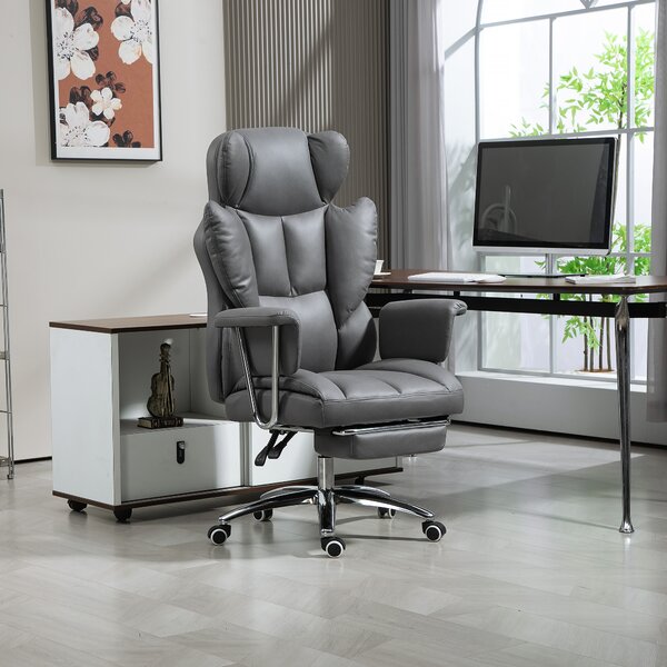 HOMCOM Sedia da ufficio ergonomica, imbottita, con poggiapiedi, schienale regolabile, 360° girevole, Grigio scuro