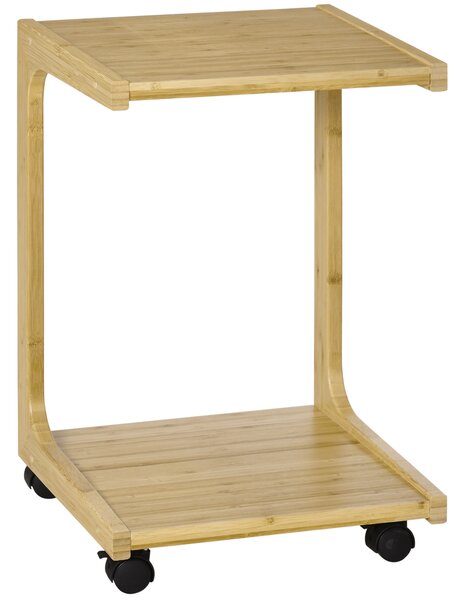 HOMCOM Tavolino da Divano con 4 Ruote e Design a C, Struttura Salvaspazio in Bambù per Salotto, 39x35.5x59cm, Colore Naturale