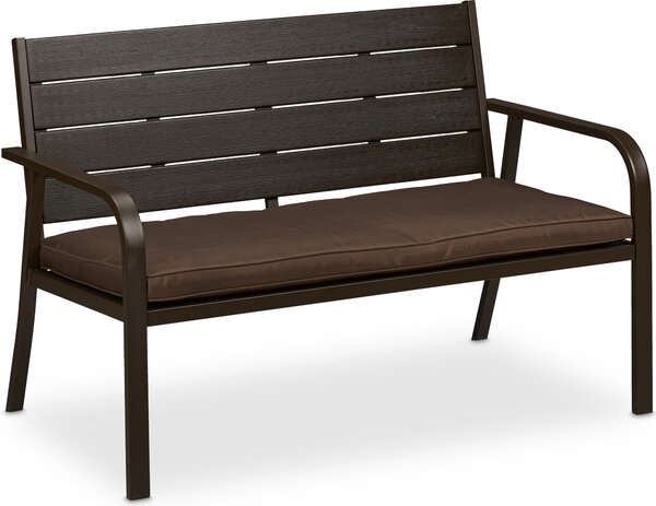 Panchina da giardino Relaxdays con cuscini di seduta, effetto legno, dimensioni: 78 x 118 x 66 cm, a 2 posti, robusta panchina da balcone, panca, marrone