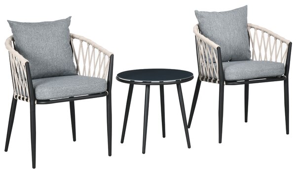 Outsunny Salon de jardin 2 persone 3 pezzi 2 poltrone con cuscini tavolino rotondo piano in vetro temperato corda intrecciata grigio