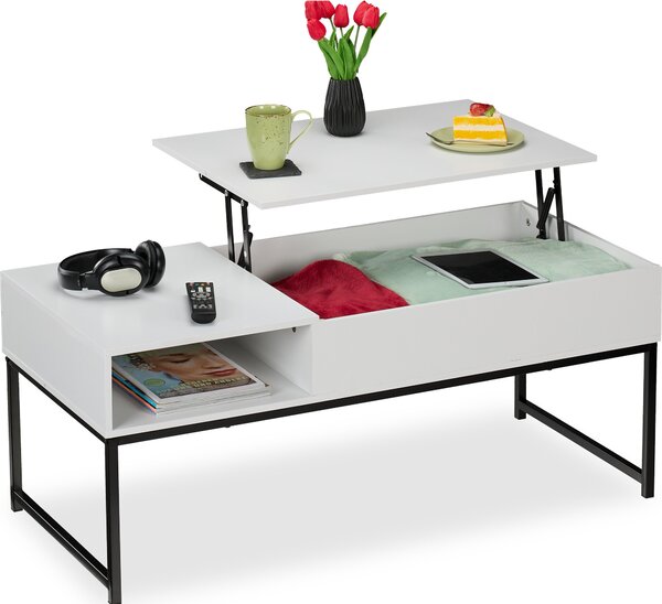 Tavolino pieghevole Relaxdays, L x P x A: 45x110x50 cm, vano laterale, tavolino da salotto con spazio contenitivo, effetto legno e metallo, bianco