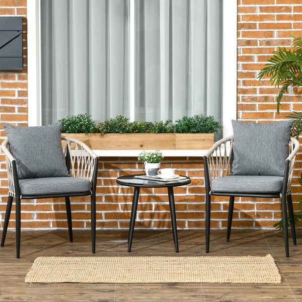 Outsunny Salon de jardin 2 persone 3 pezzi 2 poltrone con cuscini tavolino rotondo piano in vetro temperato corda intrecciata grigio