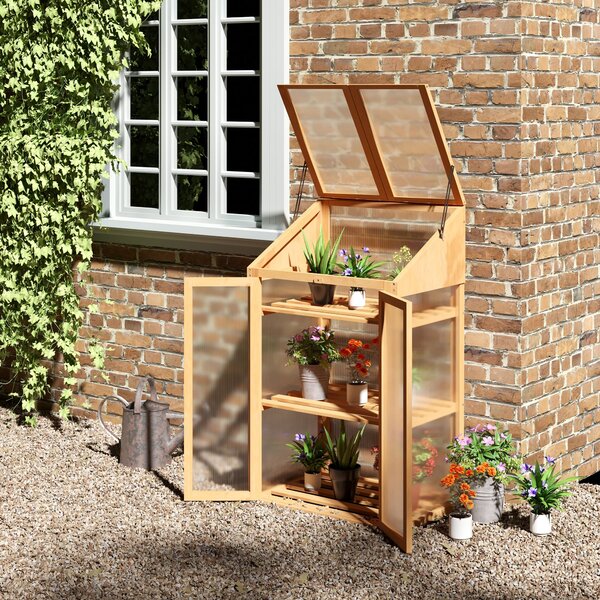 Outsunny Mini Serra, piccola serra con telaio in legno, finestra e doppia porta, 3 ripiani, 70L x 50P x 120A cm, Marrone