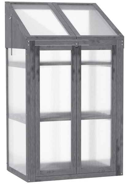 Outsunny Mini Serra, piccola serra con struttura in legno, finestra e doppia porta, 3 ripiani, 70L x 50P x 120H cm, Grigio