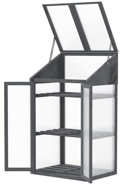 Outsunny Mini Serra, piccola serra con struttura in legno, finestra e doppia porta, 3 ripiani, 70L x 50P x 120H cm, Grigio