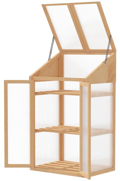 Outsunny Mini Serra, piccola serra con telaio in legno, finestra e doppia porta, 3 ripiani, 70L x 50P x 120A cm, Marrone
