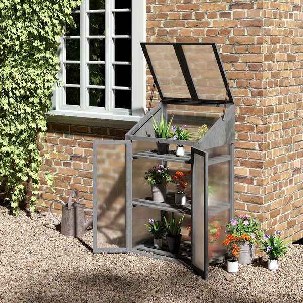 Outsunny Mini Serra, piccola serra con struttura in legno, finestra e doppia porta, 3 ripiani, 70L x 50P x 120H cm, Grigio