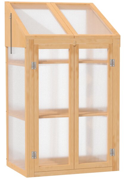 Outsunny Mini Serra, piccola serra con telaio in legno, finestra e doppia porta, 3 ripiani, 70L x 50P x 120A cm, Marrone