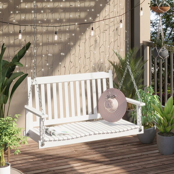Outsunny Dondolo da Giardino a 2 Posti, Panca Dondolo Sospeso, in Legno Massiccio, per Patio, Terrazza o Cortile, 117x69x60 cm, Bianco | Aosom Italy
