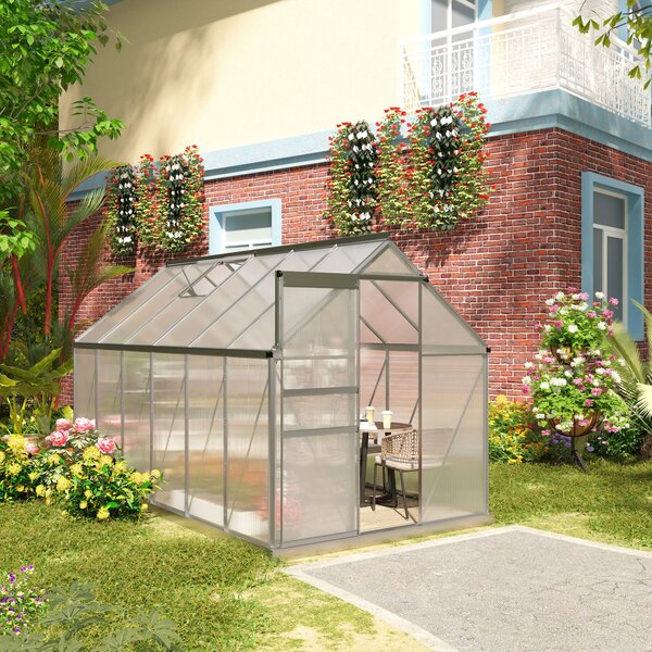 Outsunny Serra da Giardino in Policarbonato 7,1 m² dim. 1,9L x 3,75l x 1,99 m con Fondazione, Abbaino regolabile, Porta scorrevole - Argento e Trasparente