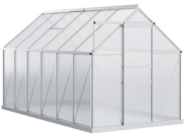Outsunny Serra da Giardino in Policarbonato 7,1 m² dim. 1,9L x 3,75l x 1,99 m con Fondazione, Abbaino regolabile, Porta scorrevole - Argento e Trasparente