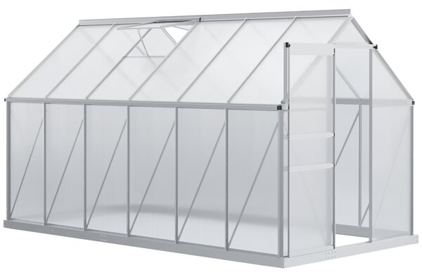 Outsunny Serra da Giardino in Policarbonato 7,1 m² dim. 1,9L x 3,75l x 1,99 m con Fondazione, Abbaino regolabile, Porta scorrevole - Argento e Trasparente