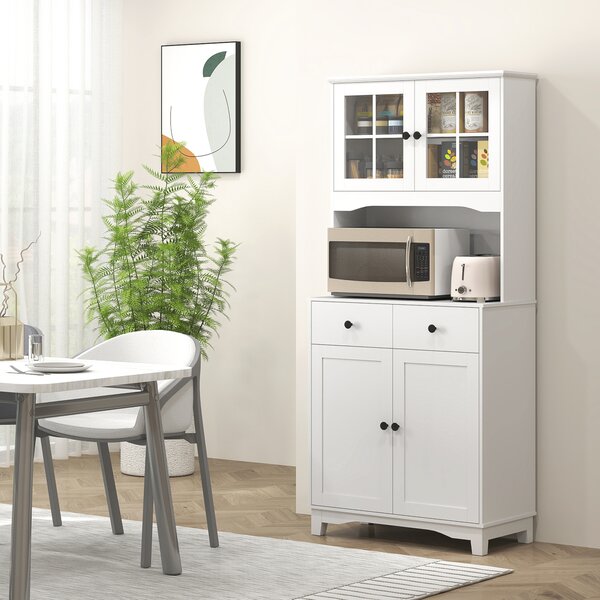 HOMCOM Armadio da cucina indipendente con piano di lavoro per forno a microonde, macchina del caffè, armadi, porte in vetro, Bianco