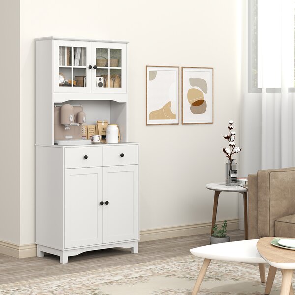 HOMCOM Armadio da cucina indipendente con piano di lavoro per forno a microonde, macchina del caffè, armadi, porte in vetro, Bianco