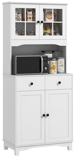 HOMCOM Armadio da cucina indipendente con piano di lavoro per forno a microonde, macchina del caffè, armadi, porte in vetro, Bianco