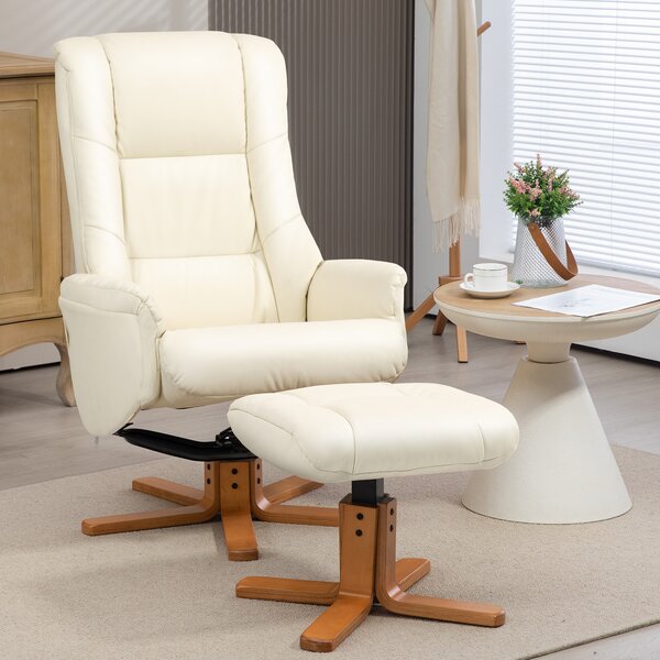 HOMCOM Poltrona Relax con Poggiapiedi, Funzione Lettura, Rivestimento in Ecopelle, Portata 150 kg, 71 x 84 x 102 cm, Bianco crema