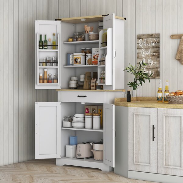 HOMCOM Credenza da cucina buffet, 4 porte, 6 ripiani a porta, 1 cassetto e ripiani regolabili 76,5 x 40 x 181 cm bianco