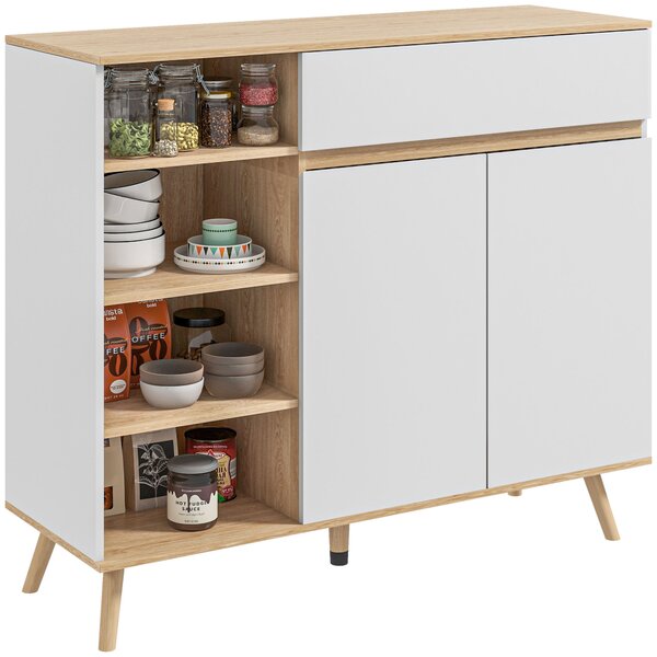 HOMCOM Mobile buffet da stoccaggio cucina stile scandivanve 1 mobile doppio a ante 1 cassetto e 4 nicchie ripiani regolabili bianco