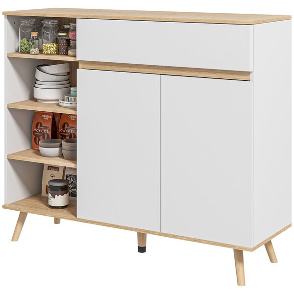HOMCOM Mobile buffet da stoccaggio cucina stile scandivanve 1 mobile doppio a ante 1 cassetto e 4 nicchie ripiani regolabili bianco