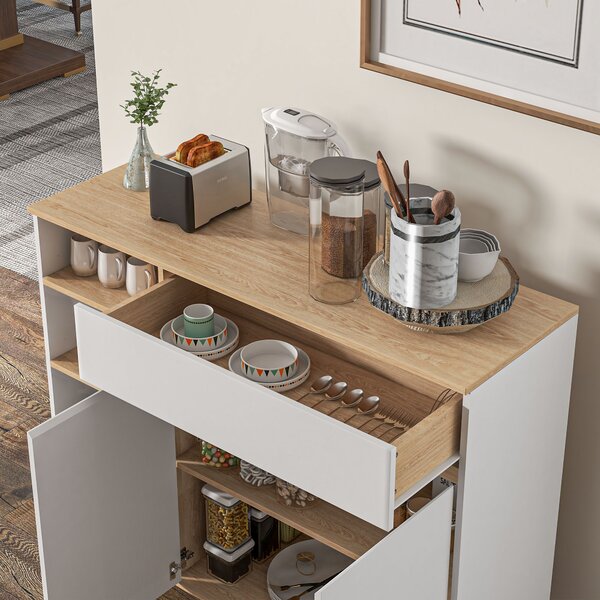 HOMCOM Mobile buffet da stoccaggio cucina stile scandivanve 1 mobile doppio a ante 1 cassetto e 4 nicchie ripiani regolabili bianco