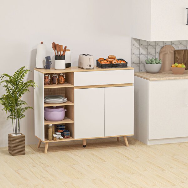 HOMCOM Mobile buffet da stoccaggio cucina stile scandivanve 1 mobile doppio a ante 1 cassetto e 4 nicchie ripiani regolabili bianco