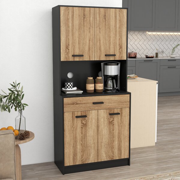 HOMCOM Credenza Cucina in Legno con 2 Armadietti a 2 Ante e Cassetto, 80x40x180 cm, Nero e color Legno | Aosom Italy