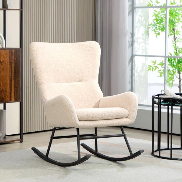 HOMCOM Poltrona a dondolo, chaise à bascule, con sedile spesso 10 cm, piedi curvi in acciaio, beige e nero