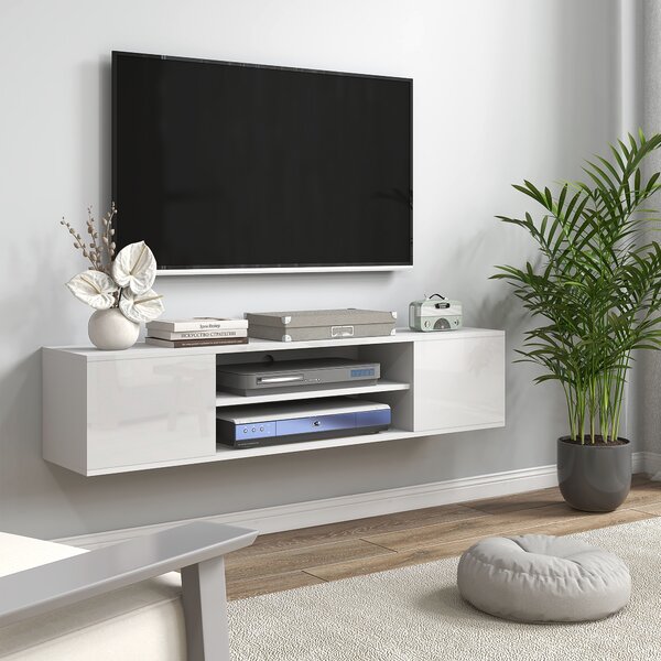HOMCOM Mobile banc TV sospeso stile contemporaneo 2 armadietti 2 nicchie centrali e 2 passacavi 140 x 30 x 30 cm bianco