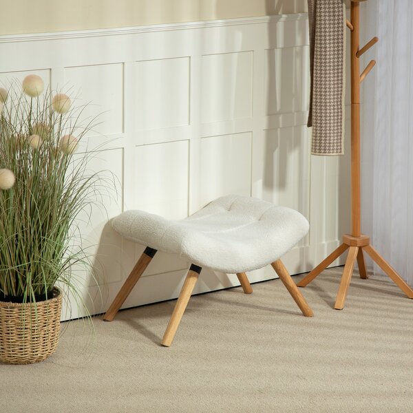 HOMCOM Poggiapiedi moderno in legno con rivestimento in pile e gambe in faggio, imbottito, per soggiorno, camera da letto, ingresso, bianco crema