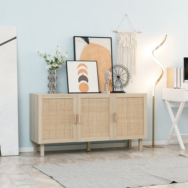HOMCOM Buffet Mobile da Archiviazione Armadio 3 Ante con ripiano regolabile Effetto caning Stile bohémien - 136 x 41 x 70 cm