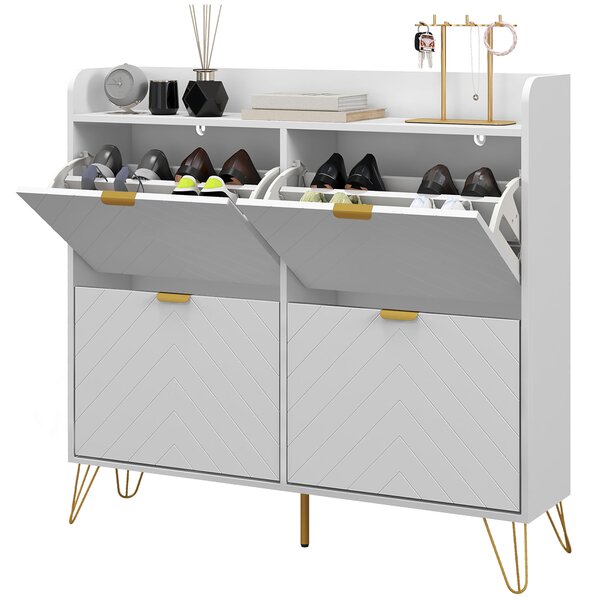 HOMCOM Mobile porta scarpe 4 ribaltabili, con ripiano regolabile, contenitore scarpe 106 x 24 x 102 cm, bianco