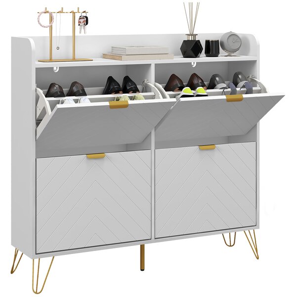 HOMCOM Mobile porta scarpe 4 ribaltabili, con ripiano regolabile, contenitore scarpe 106 x 24 x 102 cm, bianco