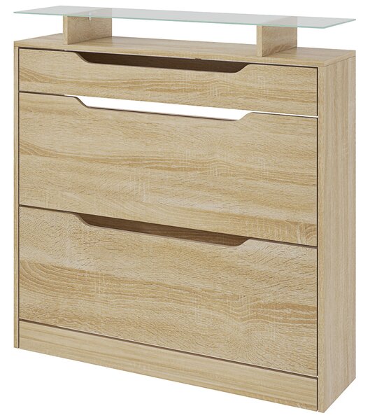 HOMCOM Armadio Portascarpe 2 cassetti a ante abbattibili + 1 cassetto Scorrevole + 1 piano di Appoggi e 1 Ripiano in Vetro Etagere Regolabile