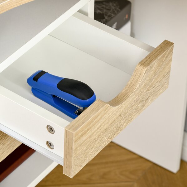 HOMCOM Angolo Scrivania Scrivania per Computer con Cassetti Multi-Rangement in Legno Effetto Rovere Chiaro Bianco