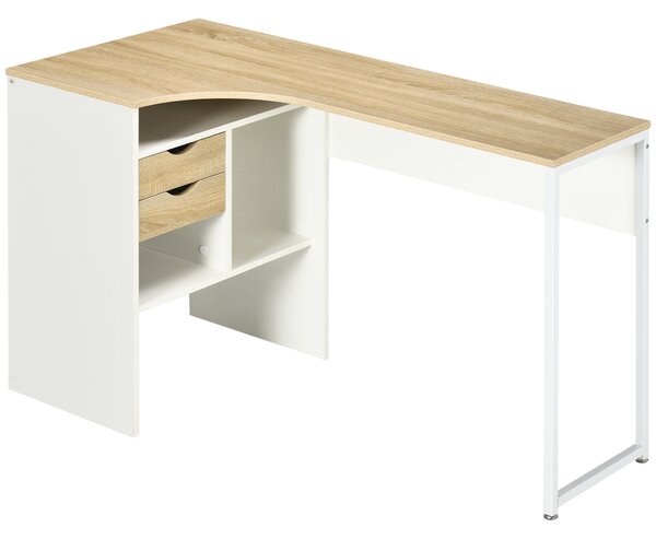 HOMCOM Angolo Scrivania Scrivania per Computer con Cassetti Multi-Rangement in Legno Effetto Rovere Chiaro Bianco