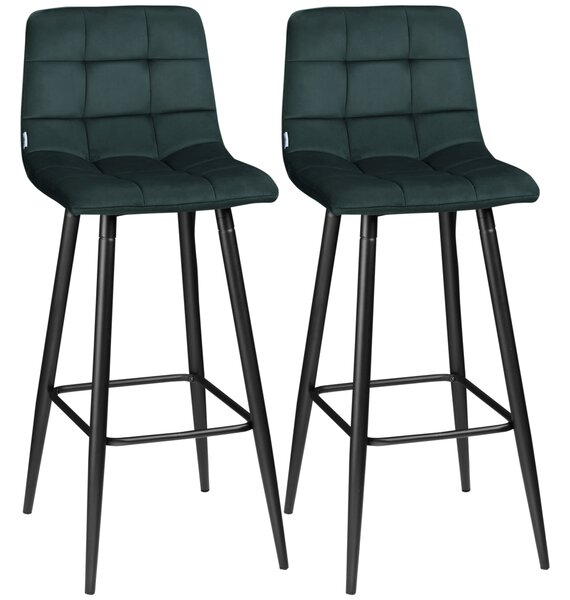 HOMCOM Set di 2 sgabelli da bar design superficie in velluto trapuntato e gambe in acciaio altezza 77 cm verde scuro