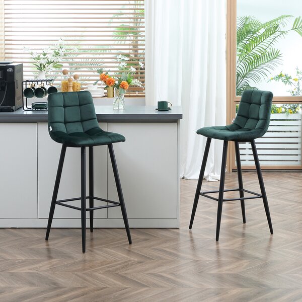 HOMCOM Set di 2 sgabelli da bar design superficie in velluto trapuntato e gambe in acciaio altezza 77 cm verde scuro